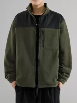 Men's Fleece Jacket Color Block Long Sleeve Outdoor Jacket With Pockets