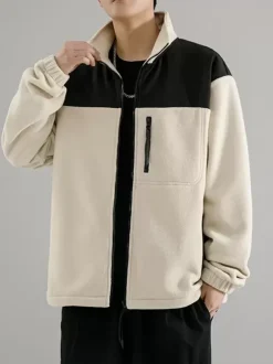 Men's Fleece Jacket Color Block Long Sleeve Outdoor Jacket With Pockets