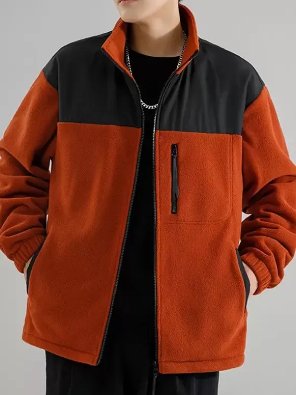 Men's Fleece Jacket Color Block Long Sleeve Outdoor Jacket With Pockets