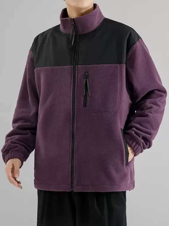 Men's Fleece Jacket Color Block Long Sleeve Outdoor Jacket With Pockets