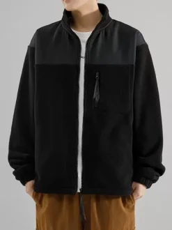 Men's Fleece Jacket Color Block Long Sleeve Outdoor Jacket With Pockets