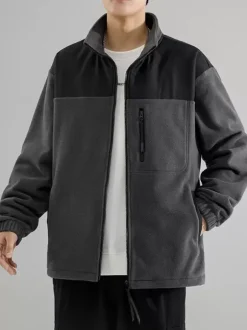 Men's Fleece Jacket Color Block Long Sleeve Outdoor Jacket With Pockets