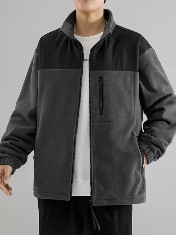 Men's Fleece Jacket Color Block Long Sleeve Outdoor Jacket With Pockets