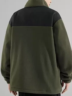 Men's Fleece Jacket Color Block Long Sleeve Outdoor Jacket With Pockets