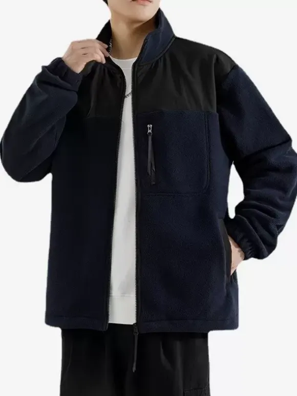 Men's Fleece Jacket Color Block Long Sleeve Outdoor Jacket With Pockets