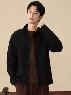 Men's Fleece Jacket Long Sleeve Solid Color Outdoor Jacket With Pockets