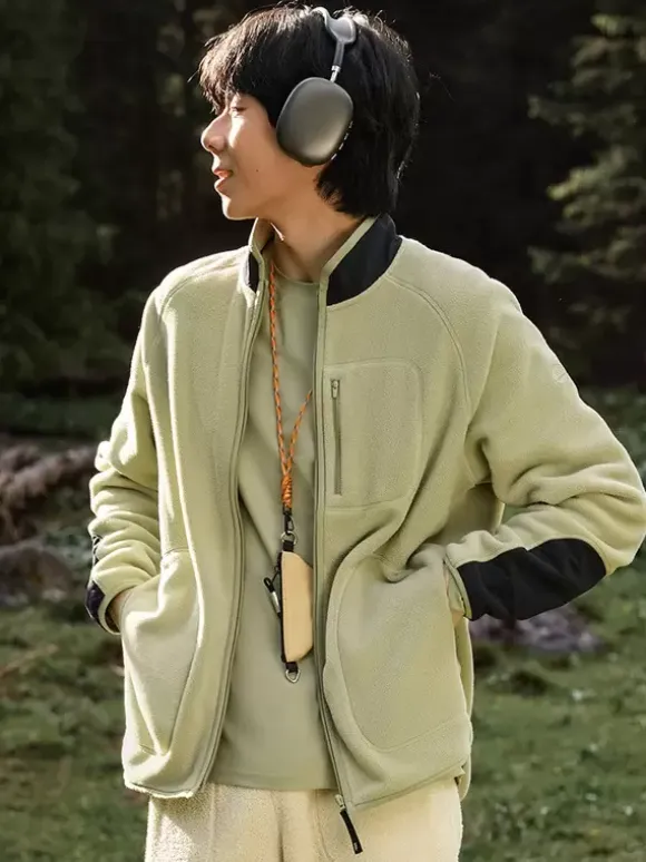 Men's Fleece Jacket Long Sleeve Stand Collar Printed Winter Warm Coat