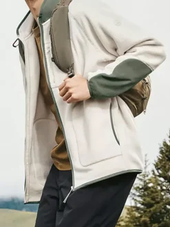 Men's Fleece Jacket Long Sleeve Stand Collar Printed Winter Warm Coat