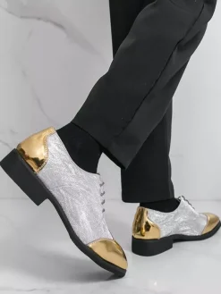 Men's Gold Dress Shoes Round Toe Patchwork Lace Up Casual Shoes
