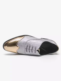 Men's Gold Dress Shoes Round Toe Patchwork Lace Up Casual Shoes
