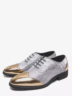 Men's Gold Dress Shoes Round Toe Patchwork Lace Up Casual Shoes