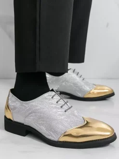 Men's Gold Dress Shoes Round Toe Patchwork Lace Up Casual Shoes