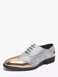 Men's Gold Dress Shoes Round Toe Patchwork Lace Up Casual Shoes