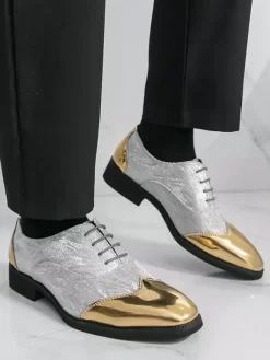 Men's Gold Dress Shoes Round Toe Patchwork Lace Up Casual Shoes