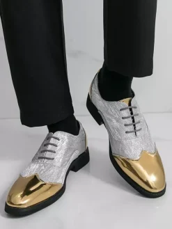 Men's Gold Dress Shoes Round Toe Patchwork Lace Up Casual Shoes
