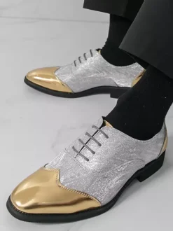 Men's Gold Dress Shoes Round Toe Patchwork Lace Up Casual Shoes