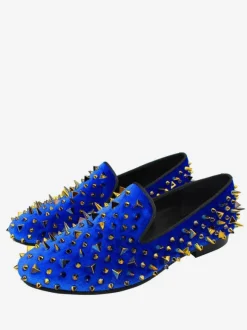 Men's Golden Spikes Rivets Loafers in Blue Suede Prom Party Wedding Shoes