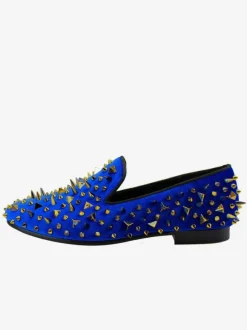 Men's Golden Spikes Rivets Loafers in Blue Suede Prom Party Wedding Shoes
