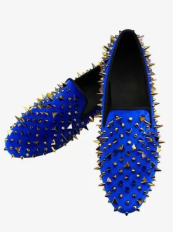 Men's Golden Spikes Rivets Loafers in Blue Suede Prom Party Wedding Shoes