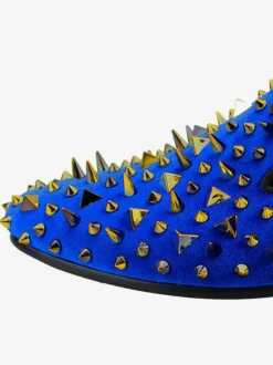 Men's Golden Spikes Rivets Loafers in Blue Suede Prom Party Wedding Shoes