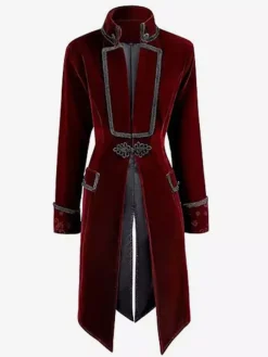 Mens Gothic Victorian Era Tailcoat Jacket Frock Coat With Tuxedo Tailoring For Steampunk Cosplay Burgundy
