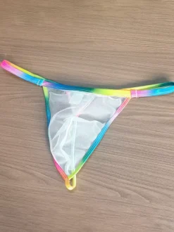 Men's G-String Rainbow Transparent Waistband Sheer Mesh Thong Underwear