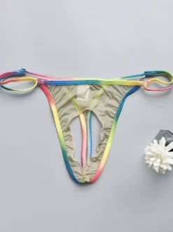Men's G-String Rainbow Waistband Hollow Out Sheer Mesh See-Through Thong Underwear