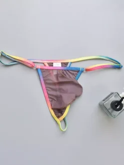 Men's G-String Rainbow Waistband Sheer Mesh See-Through Thong Underwear