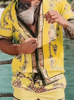 Men's Hawaiian Matching Set Summer Tropical Beach 2 Piece Outfits Button Down Shirts And Shorts