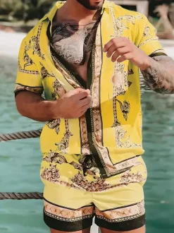 Men's Hawaiian Matching Set Summer Tropical Beach 2 Piece Outfits Button Down Shirts And Shorts