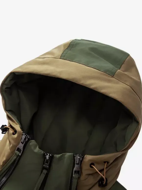 Men‘s Hooded Down Jacket Double Zipper Color Block Casual Down Jacket Warm Jacket