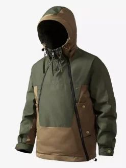 Men‘s Hooded Down Jacket Double Zipper Color Block Casual Down Jacket Warm Jacket