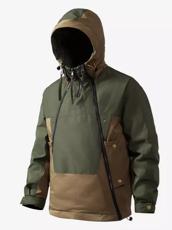 Men‘s Hooded Down Jacket Double Zipper Color Block Casual Down Jacket Warm Jacket