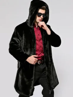Men's Hooded Faux Fur Jackets Winter Coats In Black