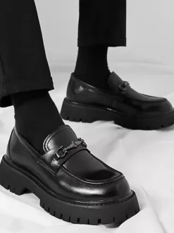 Mens Horsebit Loafers Slip-on Patent Anti-Slip Chunky Shoes