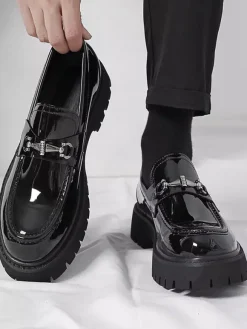 Mens Horsebit Loafers Slip-on Patent Anti-Slip Chunky Shoes