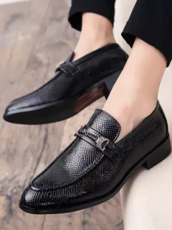 Mens Horsebit Loafers Slip-on Pointed Toe Snake Penny Shoes Buckle Strap Mid Heel Party Shoes