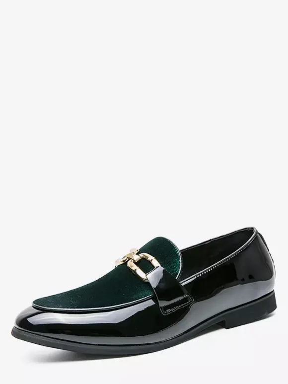 Mens Horsebit Loafers Suede Splice Leather Slip On Chain Buckle Penny Shoes Pointed Toe Low Heels Prom Shoes