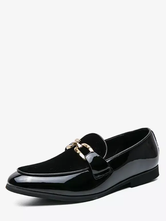 Mens Horsebit Loafers Suede Splice Leather Slip On Chain Buckle Penny Shoes Pointed Toe Low Heels Prom Shoes