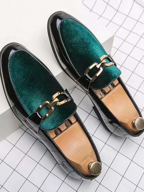 Mens Horsebit Loafers Suede Splice Leather Slip On Chain Buckle Penny Shoes Pointed Toe Low Heels Prom Shoes