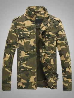 Mens Jacket Camouflage Buttons Polyester Stylish