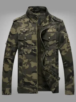 Mens Jacket Camouflage Buttons Polyester Stylish