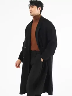 Men's Jackets Coats Winter Turn Down Collar Lapel Black Longline Woolen Coat