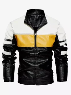 Men's Jackets Color Block Zip Details Faux Leather Moto Jackets