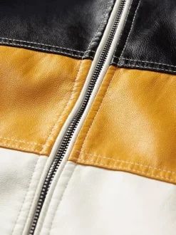 Men's Jackets Color Block Zip Details Faux Leather Moto Jackets