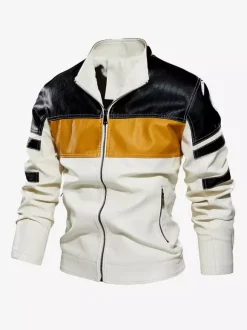 Men's Jackets Color Block Zip Details Faux Leather Moto Jackets