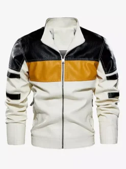 Men's Jackets Color Block Zip Details Faux Leather Moto Jackets