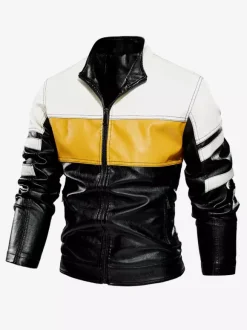 Men's Jackets Color Block Zip Details Faux Leather Moto Jackets