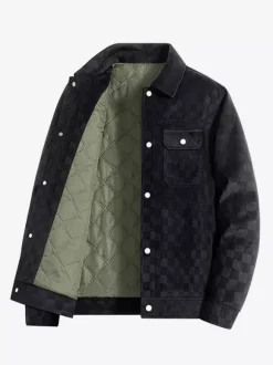 Men’s Jackets Suede Checkerboard Pattern Long Sleeve Winter Coats