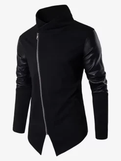 Men's Jacket with Zipper Vintage Stand Collar Asymmetrical Long Sleeve Coat